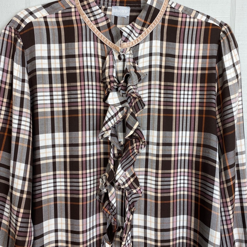 Chico’s Brown Orange Pink Plaid Long Sleeve Ruffle Button Up Top - Picture 2 of 6